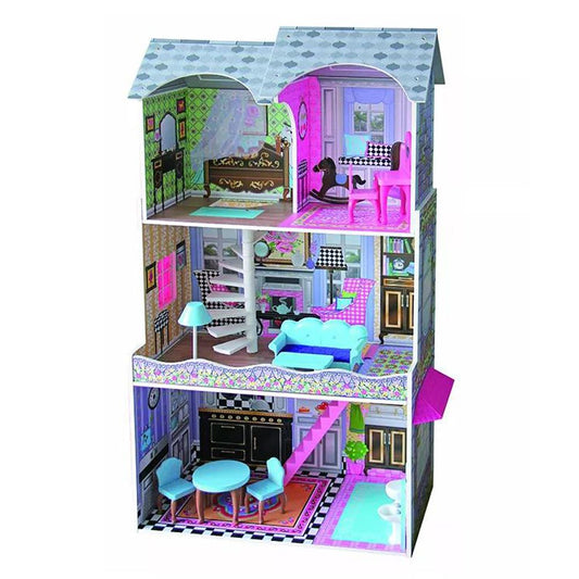 Wooden Girls Doll House 3 Level Kids Pretend Play Toys Furniture Set
