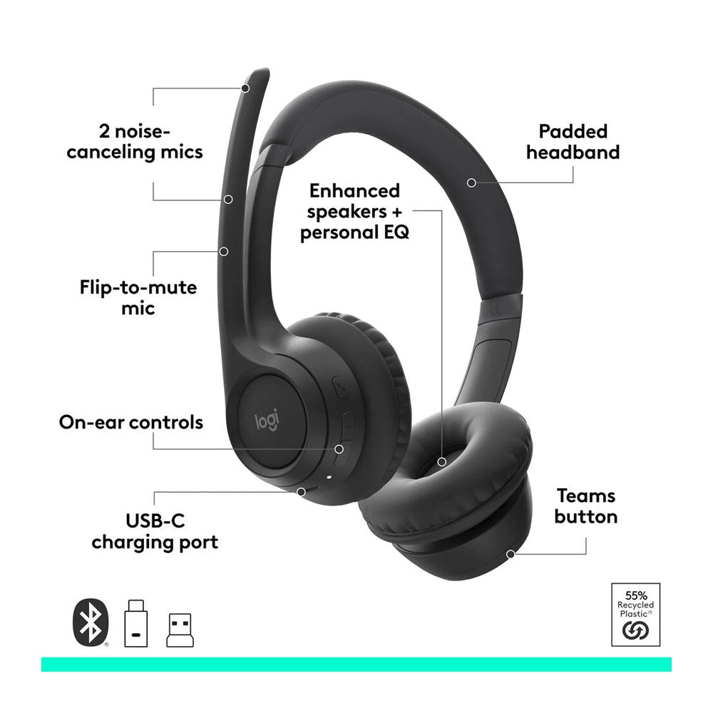 Logitech, Zone 305 Noise-Canceling Mic Wireless Bluetooth Headset Black