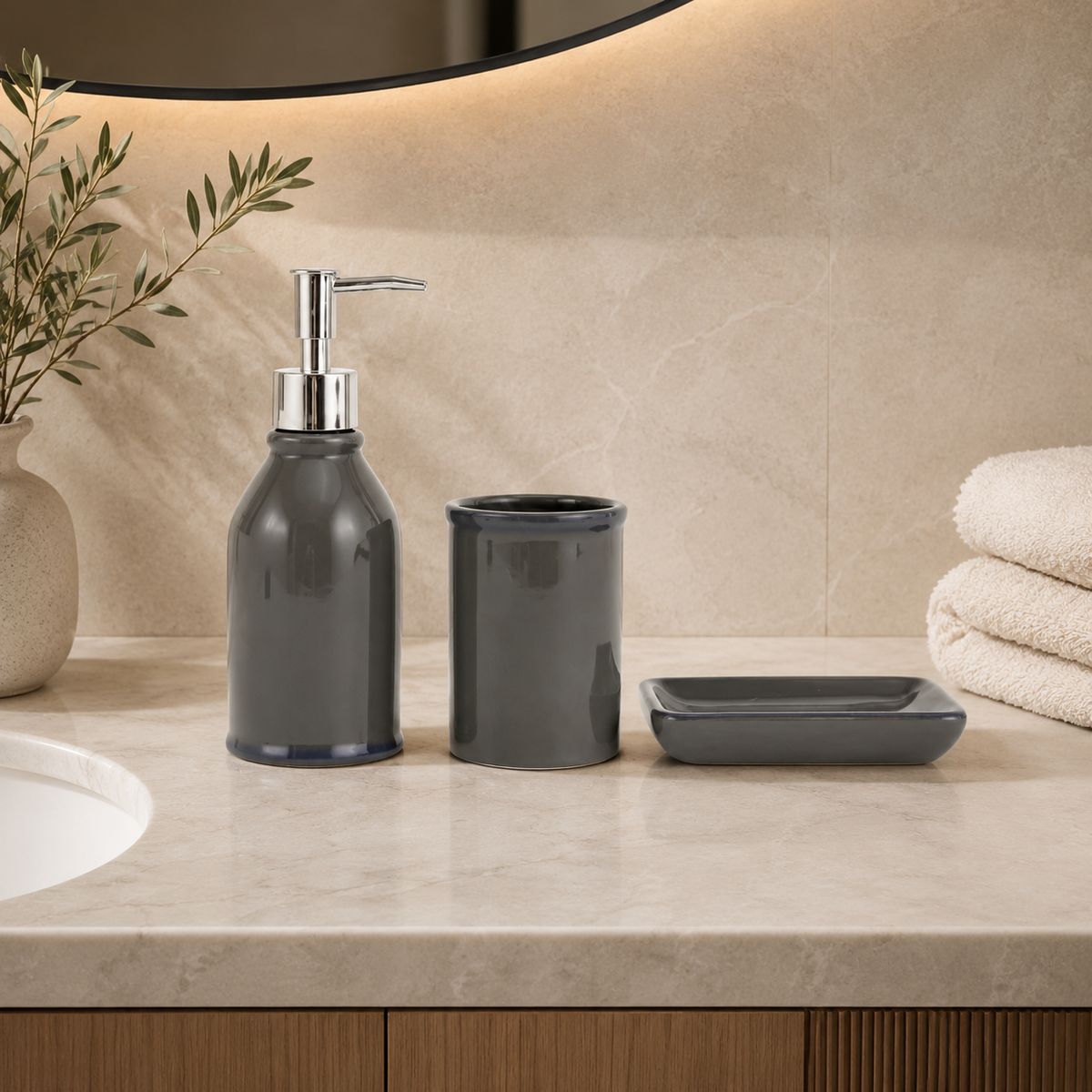Karaca Home Plain 3-Piece Ceramic Bathroom Accessory Set, 300.23.01.0206