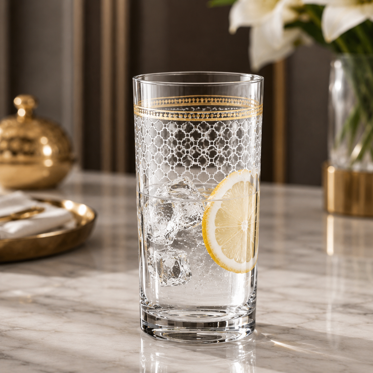 Karaca Block 6-Piece Soft Drink Glass Set | Elegant Gold & White Design, 153.09.01.8426