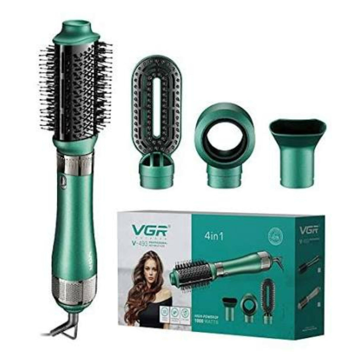 VGR V-493 Professional 4-in-1 Hot Air Styling Brush & Blow Dryer, 1000W High Power, Ceramic Barrel for Smooth Frizz-Free Finish, Overheat Safety Protection, Multi-Style Attachments