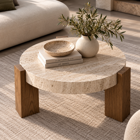 Siena Travertine & Wood Round Coffee Table | 519