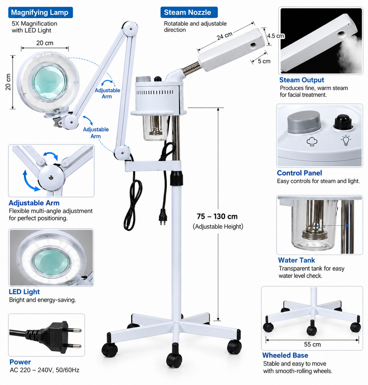 La Perla Tech, Facial Steamer with 5X Magnifying Lamp, 2 in 1, 6414202113185
