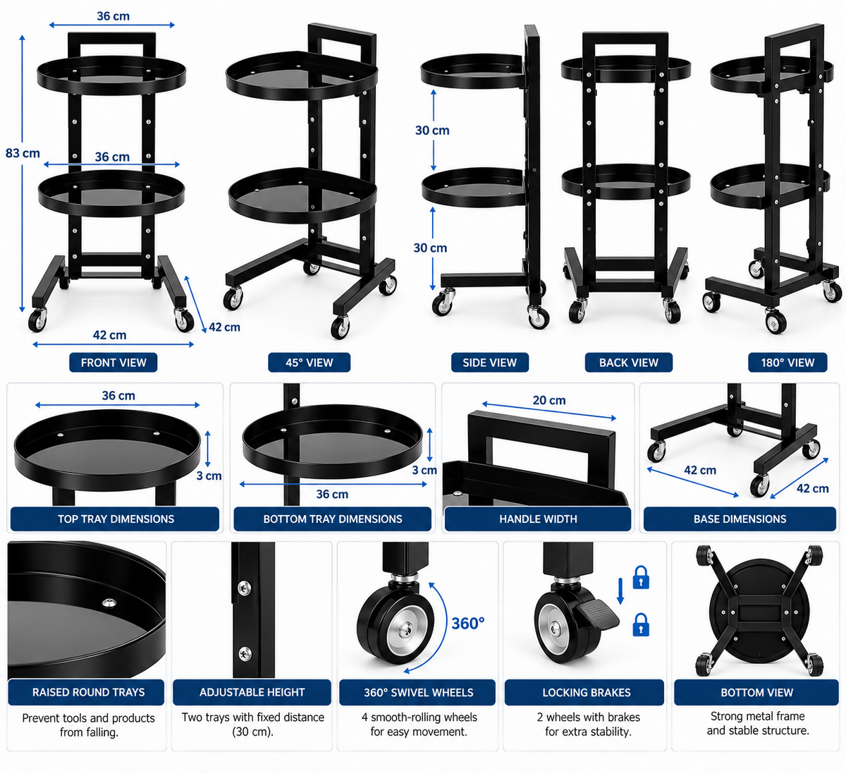 La Perla Tech, 2 Tiers Movable Adjustable Salon Tray Station Hairdressing Service Salon Trolley W/Accessory Black With 4 Universal Wheels