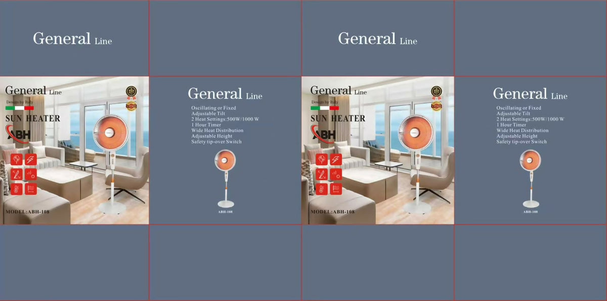 General Line Sun Heater, Oscillating , 2 heating settings 500w/1000w, 1 hour timer wide heat distribution