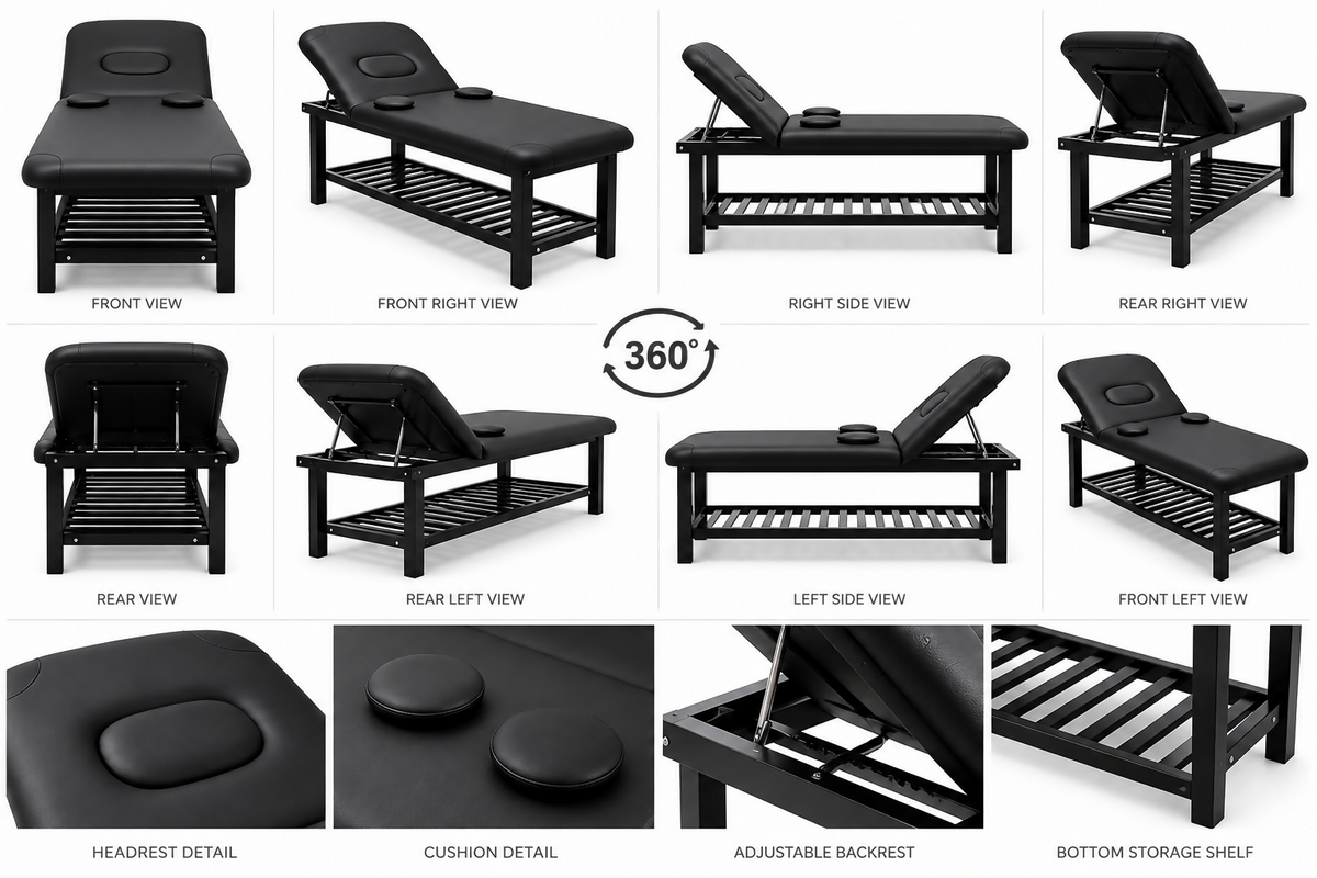 Professional Adjustable Massage & Esthetician Bed with Removable Headrest – Black