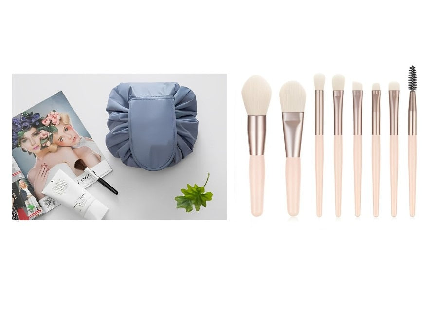 Drawstring Foldable Makeup Bag Ocean Blue & Mini Brush Set