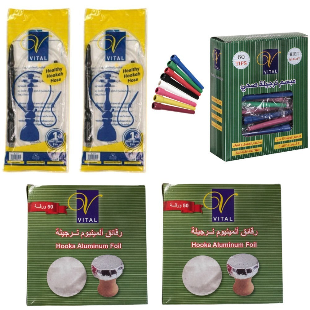 Vital, Hookah Essentials - 2 Disposable Hoses, 60 Disposable Tips, Aluminum Foil 100 Sheets