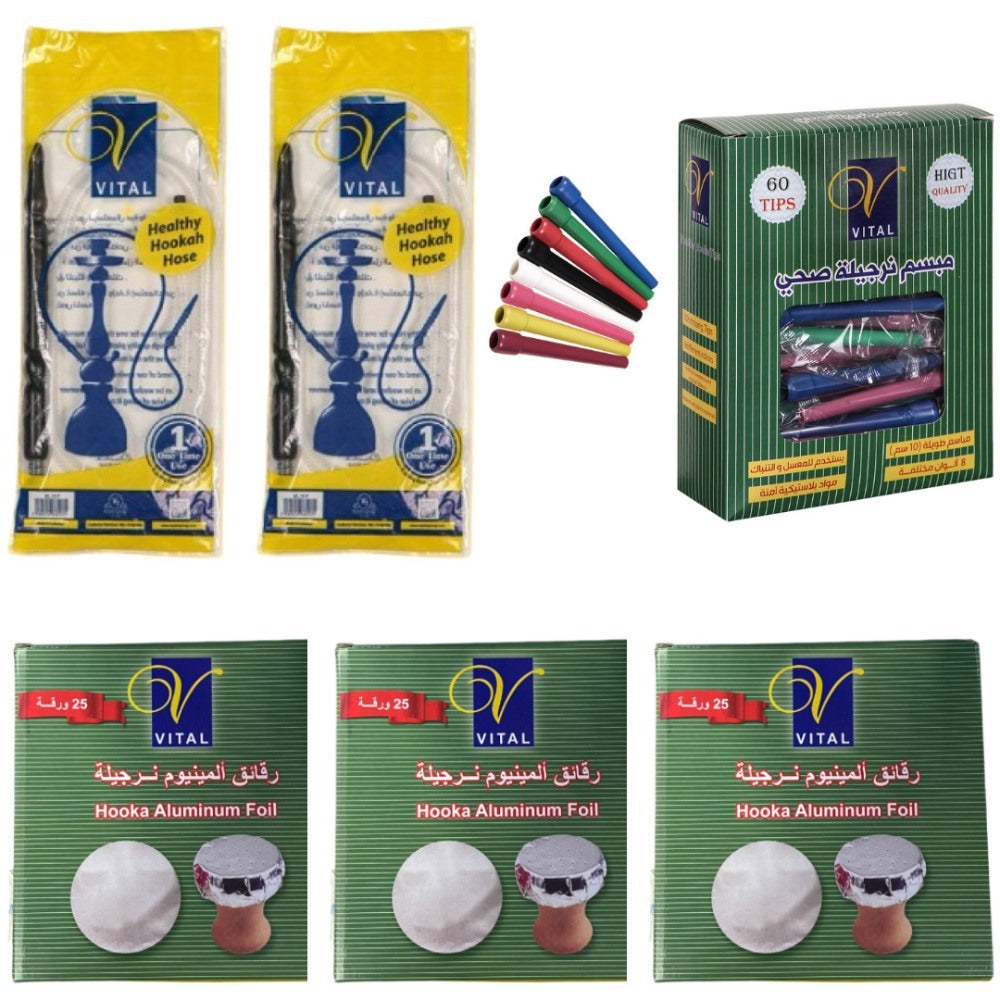 Vital, Hookah Essentials - 2 Disposable Hoses, 60 Disposable Tips, Aluminum Foil 75 Sheets