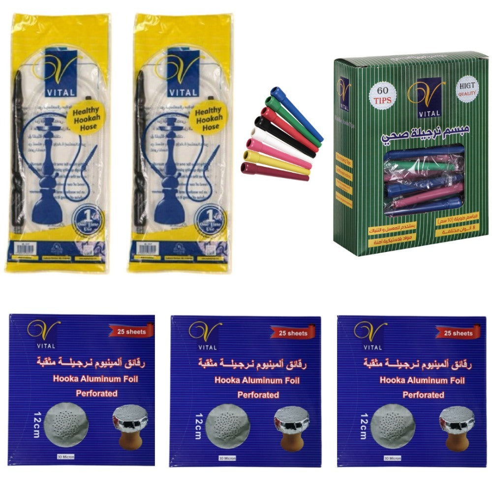 Vital, Hookah Essentials - 2 Disposable Hoses, 60 Disposable Tips, Aluminum Foil With Holes 75 Sheets