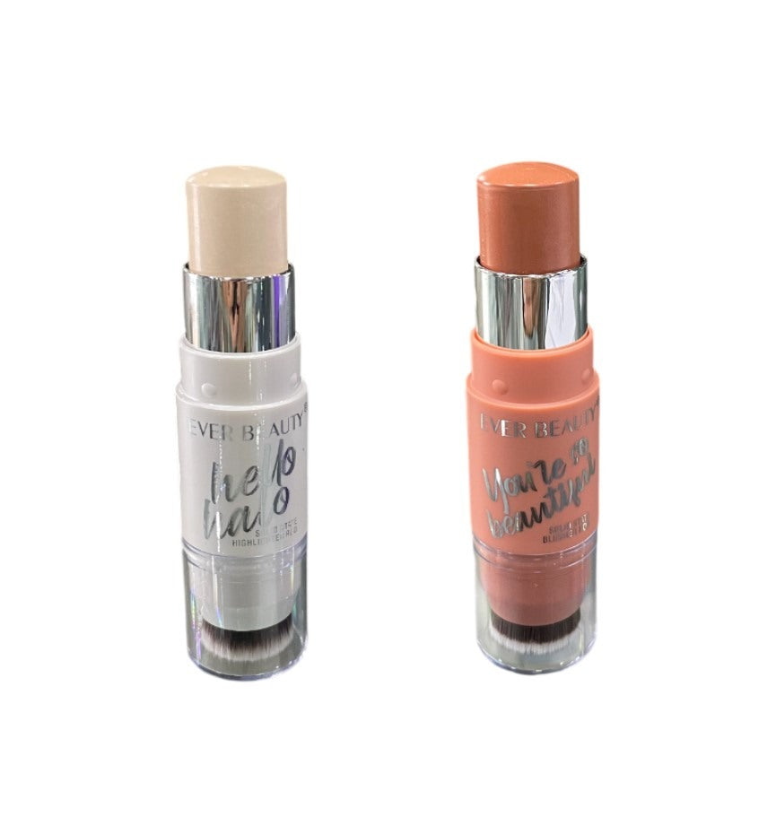 Ever Beauty, Dual-Ended Highlighter Stick Champagne Sugar & Cream Blush Stick With Brush Caramel Glow