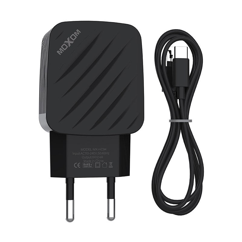 Moxom, MX-HC94 Dual-Port USB Fast Wall Charger With Type-C Cable 2.4A
