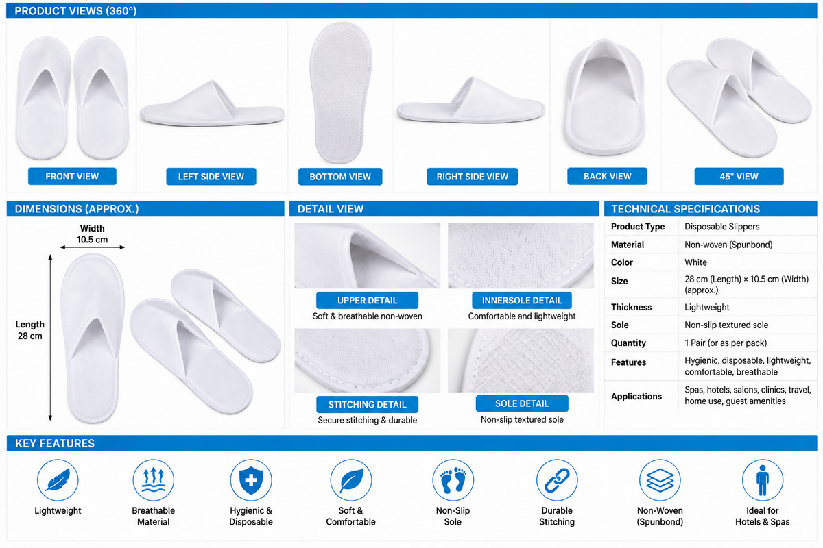 La Perla Tech, White Disposable Slippers, Cotton Closed Toe Spa Slippers, 6414202116958
