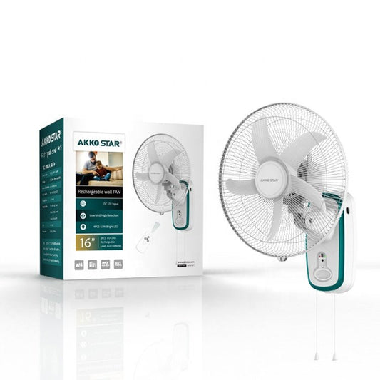 Akko Star, Rechargeable Wall Fan 16' Emergency Fan, Led Lights, Ac/Dc Operated, Up To 15 Hours On Battery, Built-In Usb Charger