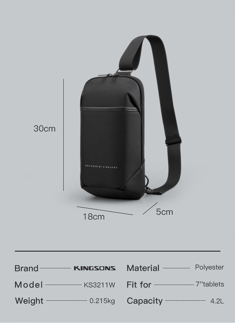 Kingsons, Multifunctional Chest Bag Ks3211W Black Water-Resistant, Shock-Resistant, Slim Deisgn