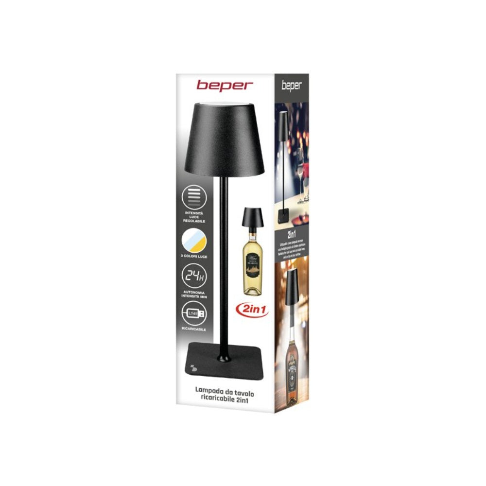 Beper, Rechargeable Table Lamp 2 In 1 - Black, BEP-P201UTP111