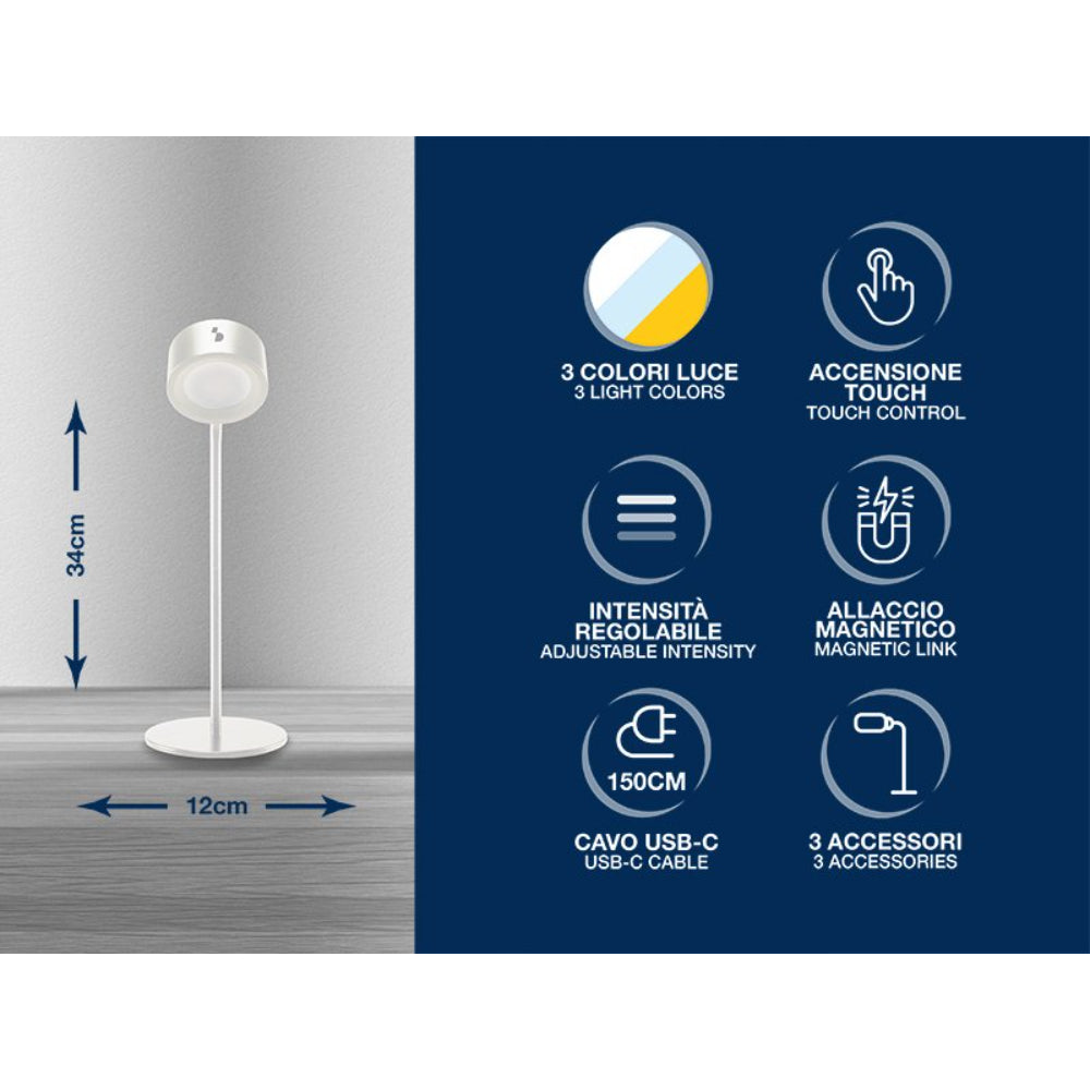 Beper Wireless Reading Lamp, 3 Applications, Table/Wall Lamp With Clip, 2.3W, Rechargeable With USB Type-C Cable, 3 Light Tones, White, BEP-P201UTP302
