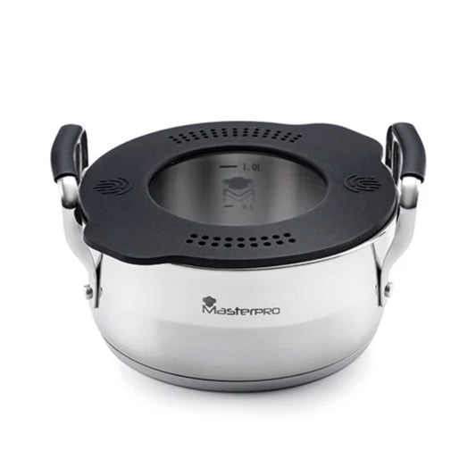 MASTERPRO Casserole 16cm 1.5L, Glass LID With Silicone Rim And Double Drainer, Heat Resistant Handle, Non-Stick Coating, Dishwasher Safe, Stainless Steel, BGEU-3777