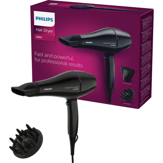 Philips, Hair Dryer Pro, 2200W, Ac Motor, 2X Ionic Care, Drying Speed Up To 130 Km/H, Heat/Speed Settings (6), Cool Shot, Nozzle (9Mm), Volume Diffuser, Ionic Care, Thermoprotect Setting
