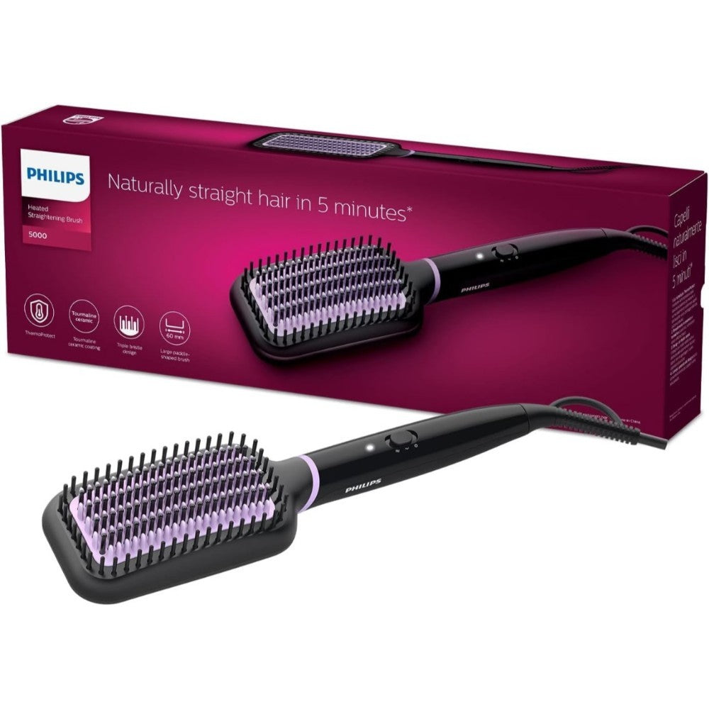 Philips, Heated Straightening Brush, Tourmaline Ceramic Coating, Large, Triple Bristle Design (Gently Staightens Hair), Led Indicator