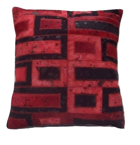 Real Cow Hide Hair On Leather Cushion Geometric Red/Black 40X40 Cm