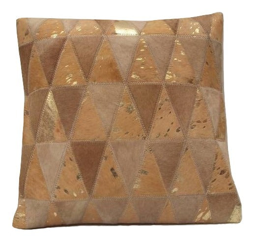 Real Cow Hide Hair On Leather Cushion Triangles Beige/Gold 40X40 Cm