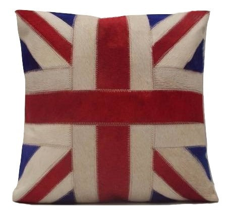 Real Cow Hide Hair On Leather Cushion Bristish English Flag 40X40 Cm