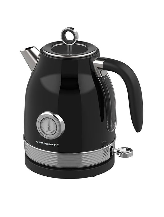 Campomatic, Retro Vintage Kettle, Black & Chrome Metal Body, Round Thermometer, 1.7L, 2200W, Auto Shut Off