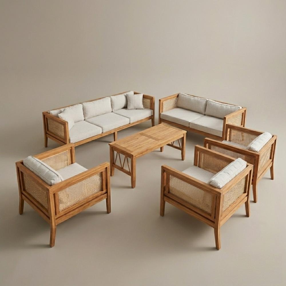 Outdoor Sofa Lounge Set (3+2+1+1) with Solid Teak Wood Table, CAPPADOCIA