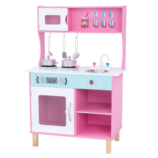 Cool Gift, Pink Wooden Pretend Play Toy Kitchen For Kids, Included Accessories