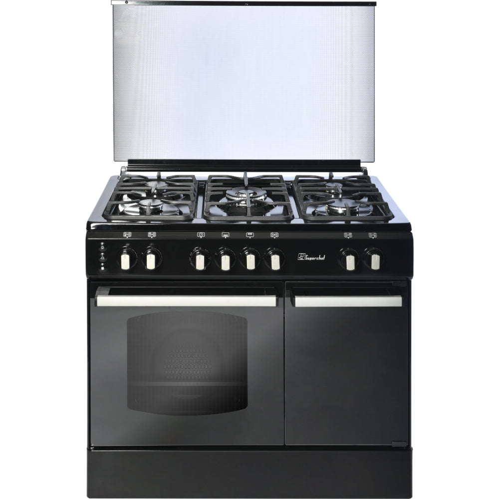 Super Chef, Cooker Bottle 90cm 5 Gas Burners+turbo Fan Black