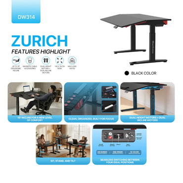 FANTECH Zurich DW314 Dual-Motor Standing Desk with 15°Ergonomic Tilt, Magnetic Cable Management & 100kg Load Heavy Duty Frame