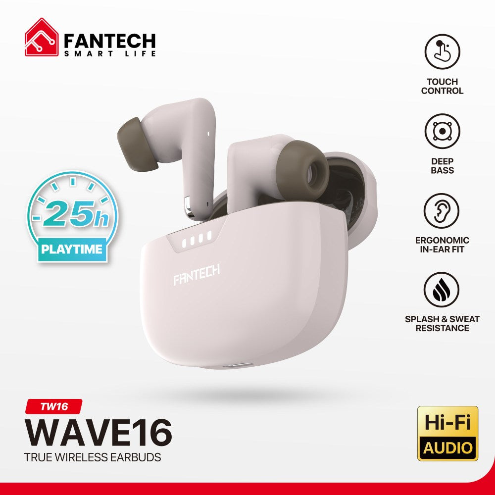 Fantech, Wave 16 Bluetooth Wireless Earbuds, Deep Bass, Up To 25 Hours Play Time - Tw16, Available in Different Colors