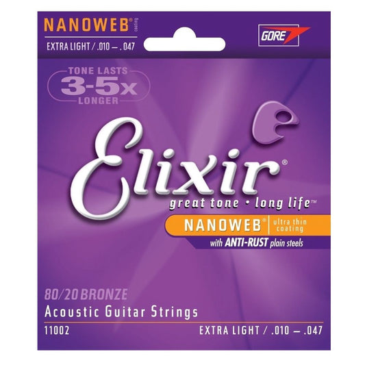 Elixir, Nanoweb Acoustic Guitar Strings, 10-47, Extra Light, Exl-Nwexlt010