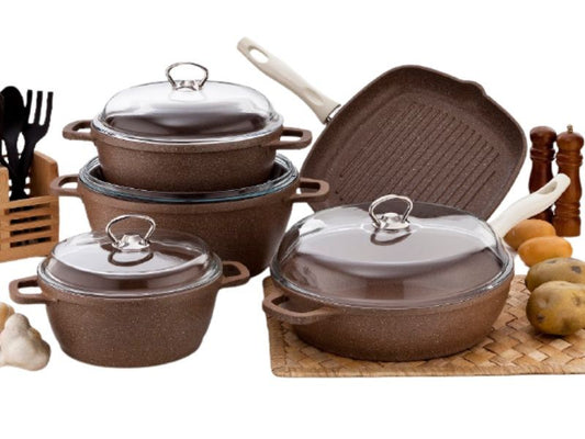 Falez, Cooking Set Of 9 Pcs Granite Brown