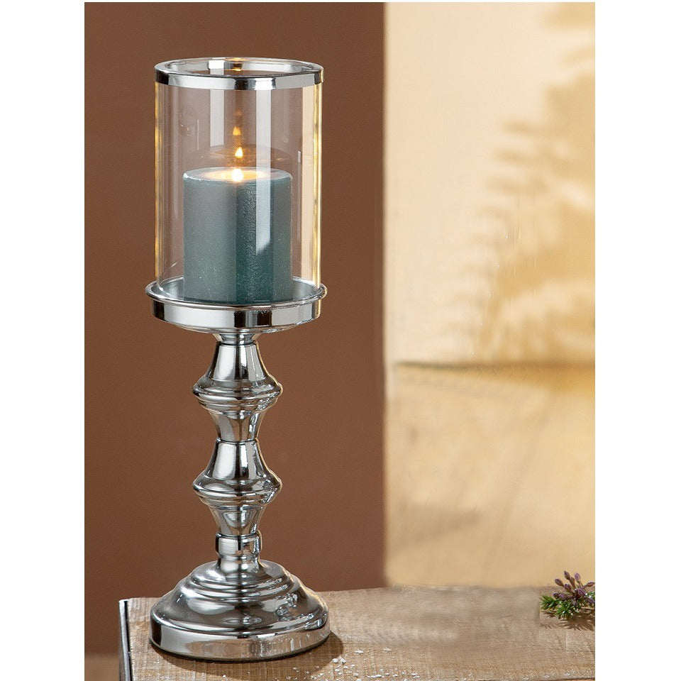 Aluminum Silver Candle Holder With Glass 30 Cm