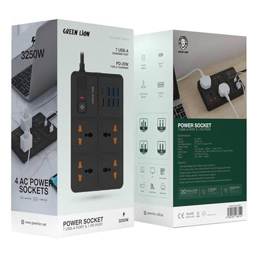 Green Lion, Power Socket 4 Ac Power Socket 7 Usb-A Charging Port & 1 Pd-20W Port Type-C Charging 3250W With Power Button