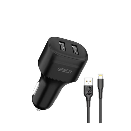 Green Lion, Compact Car Charger Dual Port Fast Charger + Cable Usb To Lightning (Car Charger), GNCC24IP6BK