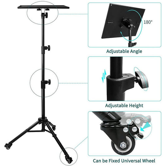 Universal Stand Tripod with Wheels for Projector and Laptop with Adjustable Tray and Phone Holder Black H101B.
