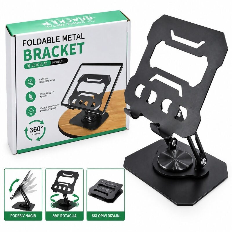 P5 Foldable Metal Laptop & Tablet Stand – 360° Rotating Adjustable Desktop Holder