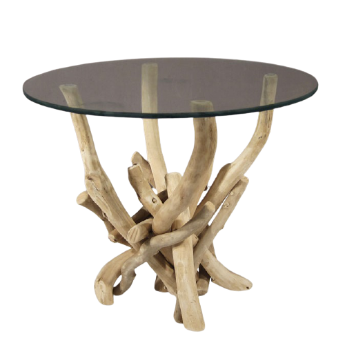 Itemz, Glass-Top Natural Drift Wood Round End Table