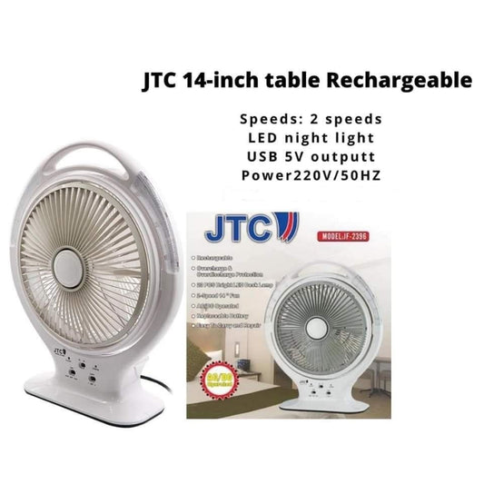 JTC, 14' Rechargeable Table Fan, Oscillating, 20 Led Lights, AC/DC Operated, UP to 15 Hours on Battery, Built-in USB charger, Can Be Charged By Solar Panel
