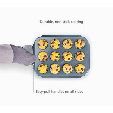 Joseph Joseph Nest Bake Non-Stick 12 Cup Blue Muffin Tray, High Quality Carbon Steel Construction, Easy Pull Handles, JOSE-45072