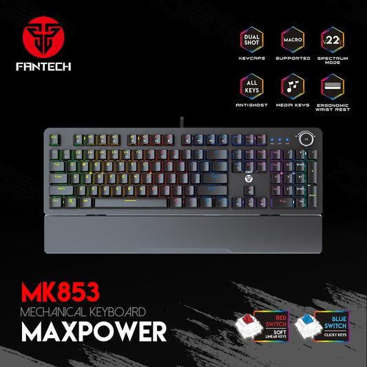 Fantech, Mk853 Maxpower, Pro Wired Mechanical Keyboard With Rgb Lighting & Comfortable With Wrist Rest