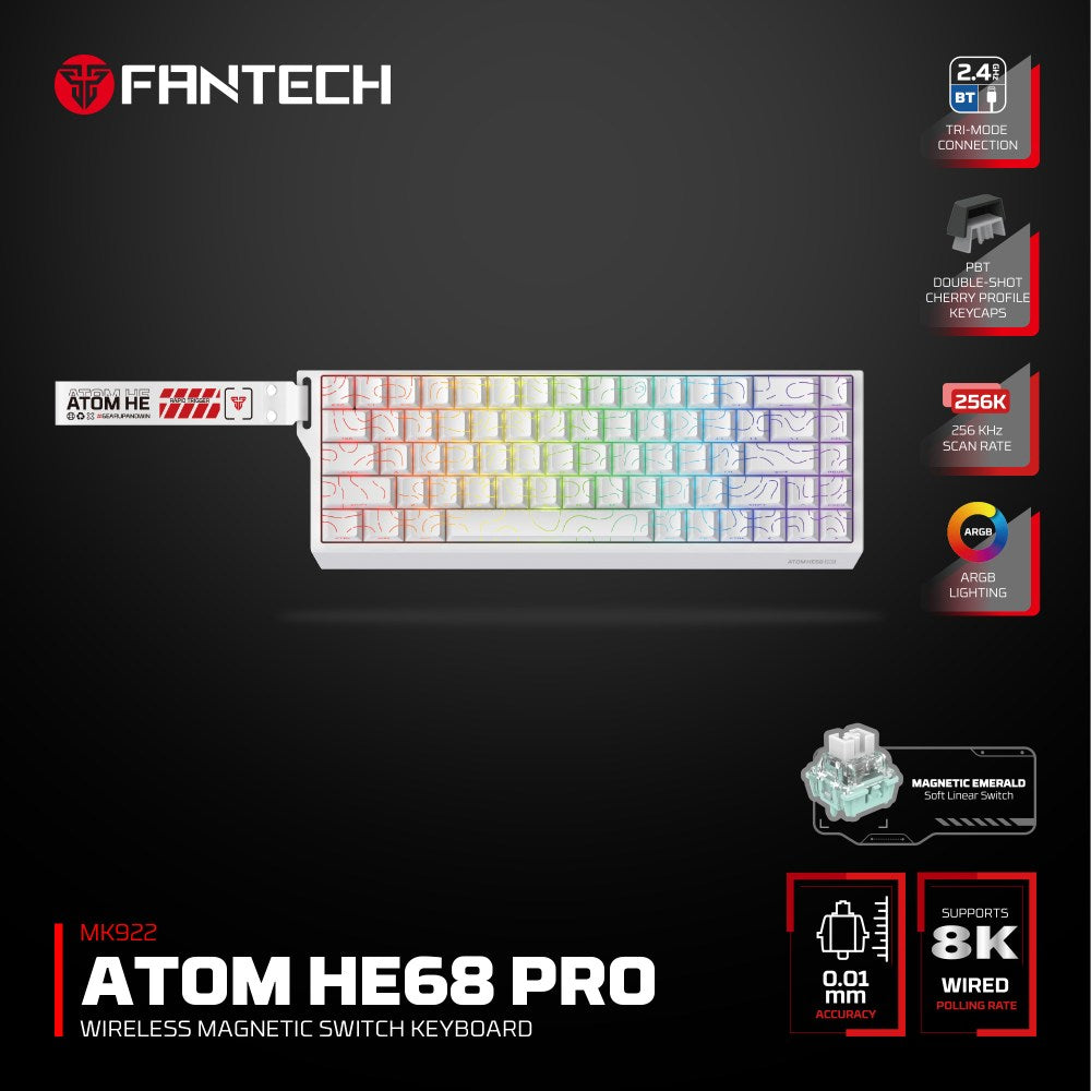 Fantech, Atom Pro He68 Mk922, High Precision Magnetic Switch Keyboard, 3 Modes: Bluetooth, Wireless & Wired, 8K Polling, Available in Different Colors