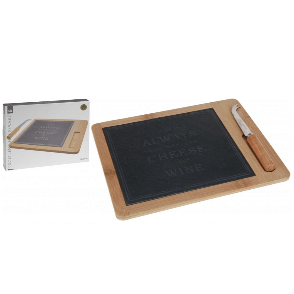 Set Cheese Plate Slate And Bamboo With Cheese Knife