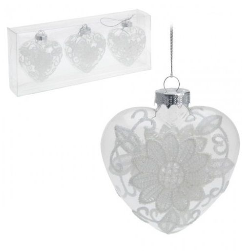 Itemz, Set Of 3 Glass And White Lace Christmas Tree Heart Decorations 6 Cm