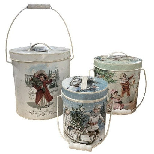 Set of 3 Christmas Tin Buckets with Lid and Handle