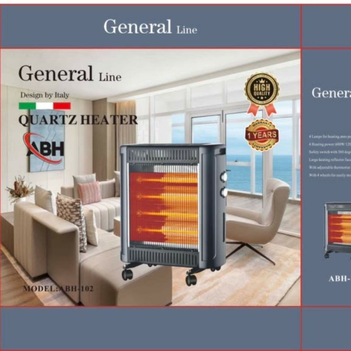 General Line, Quartz Heater 4 large lamps,600W, 1200W,1800W,2400W, adjustable thermostat, safety available, with 4 wheels,