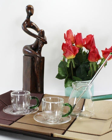 Luciano, Borosilicate 6Pc Yellow 2Xdouble Wall Cups And Saucers With 350Ml Glass Kettle And Long Handle Glass Spoon